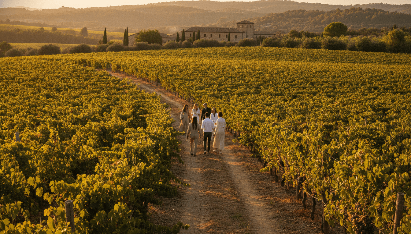 Grapevines rolling across the Marisol estate at golden hour